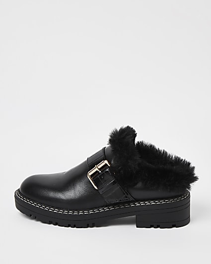 Black faux fur trim chunky loafers