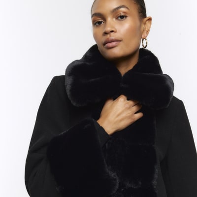 Black faux fur trim coat River Island