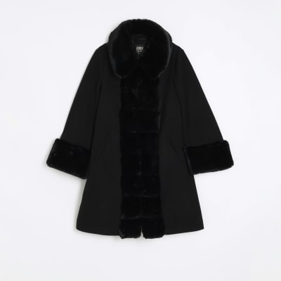 Black faux fur trim coat | River Island