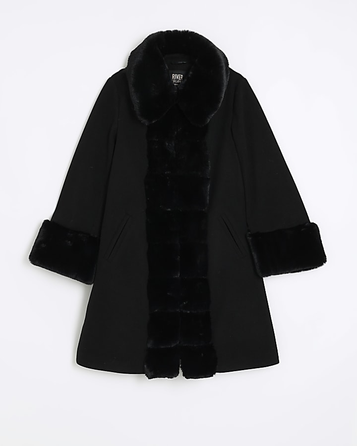 Black faux fur trim coat | River Island