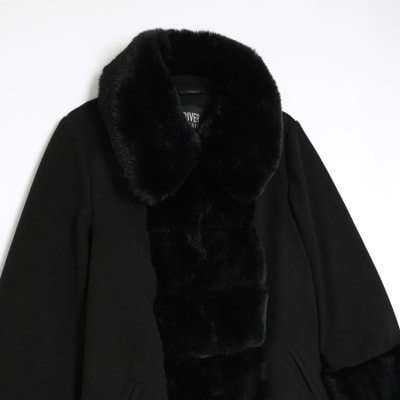 Black faux fur trim coat River Island