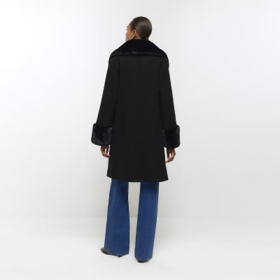 Black faux fur trim coat River Island