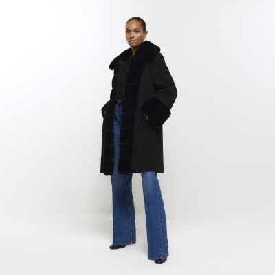 Black faux fur trim coat | River Island