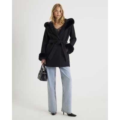 Black Faux Fur Trim Hooded Coat