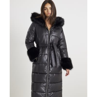 Black Faux Fur Trim Hooded Padded Coat