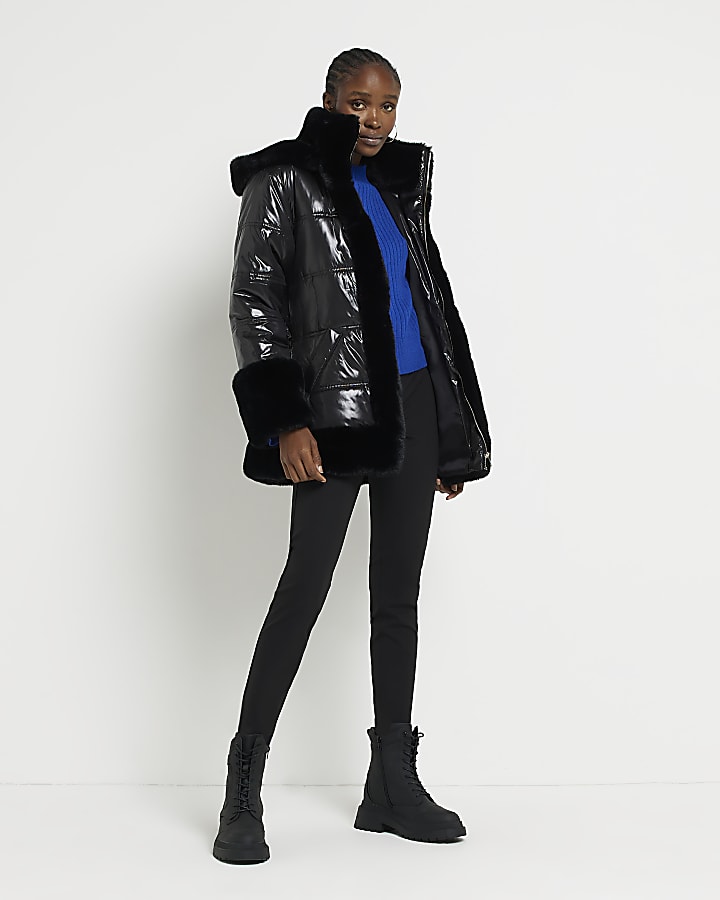 Black faux fur trim hooded padded jacket