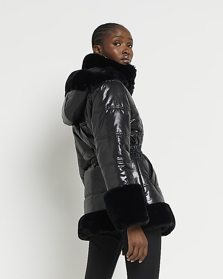 Black faux fur trim hooded padded jacket
