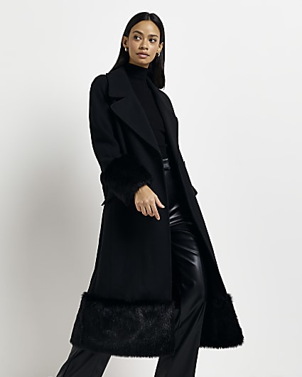 Black faux fur trim longline coat