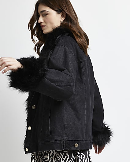 Black faux fur trim oversized denim jacket
