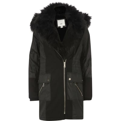 black faux fur parka coat