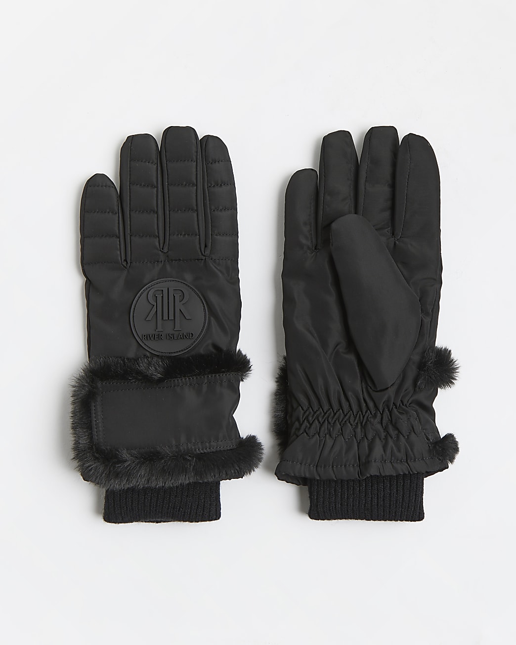Black faux fur trim padded gloves