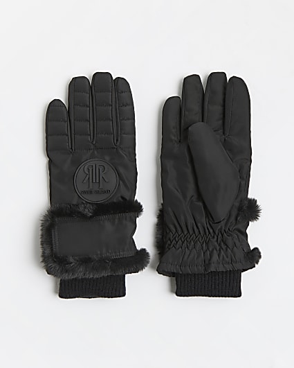 Black faux fur trim padded gloves