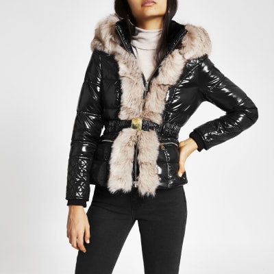 Black faux fur trim padded jacket | River Island