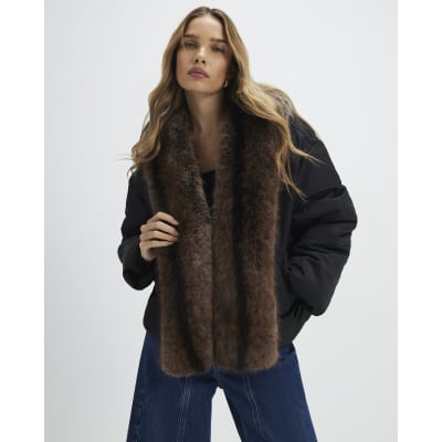 Black Faux Fur Trim Puffer Jacket