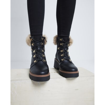 Black Faux Fur Trim Wedged Hiking Boots