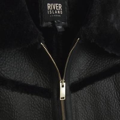 Black faux leather aviator jacket River Island