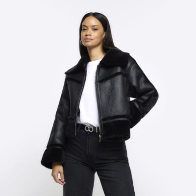 Black faux leather aviator jacket | River Island