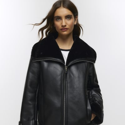Black faux leather aviator jacket | River Island