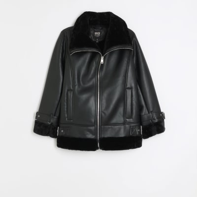 Black faux leather aviator jacket River Island