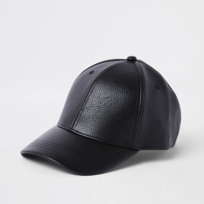 Black faux leather baseball cap