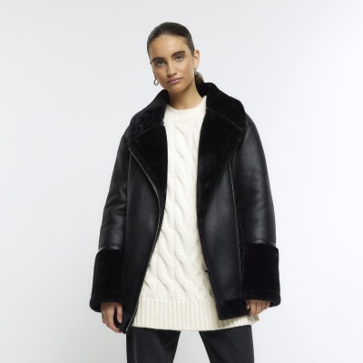 Black faux leather belted aviator jacket | River Island