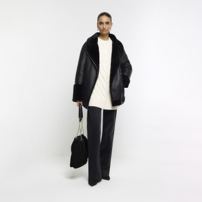 River island black on sale faux fur aviator jacket