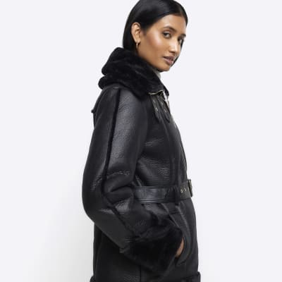 Black faux leather belted aviator jacket | River Island