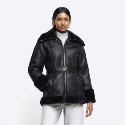 Black faux leather belted aviator jacket | River Island