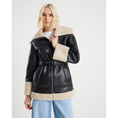 Black Faux Leather Belted Aviator Jacket