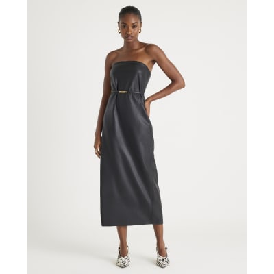 Black Faux Leather Belted Bandeau Midi Dress