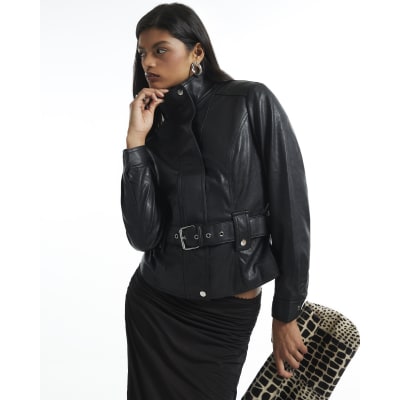Faux Leather Belted Funnel Neck Jacket