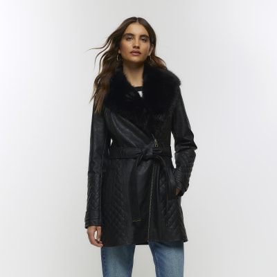 Black faux leather belted jacket | River Island