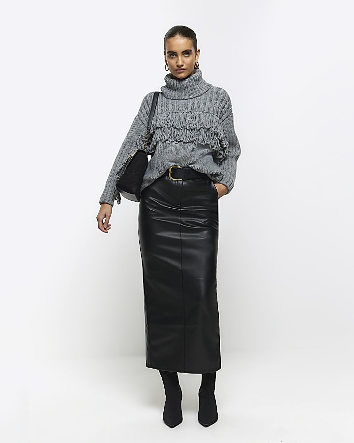 Black faux leather belted midi skirt | River Island