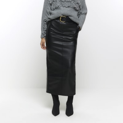 Black Faux Leather Belted Midi Skirt River Island 