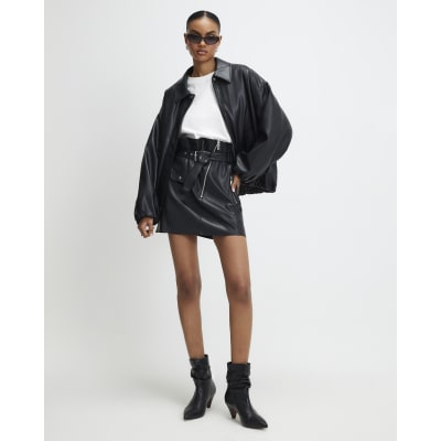 Black Faux Leather Belted Mini Skirt
