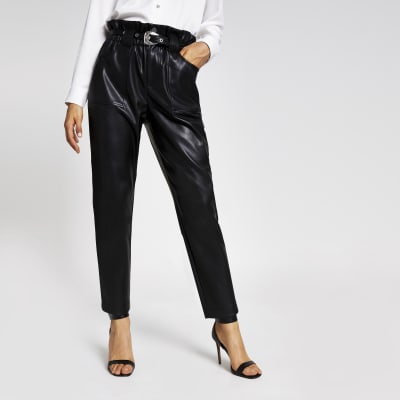 Black faux leather belted peg trousers | River Island
