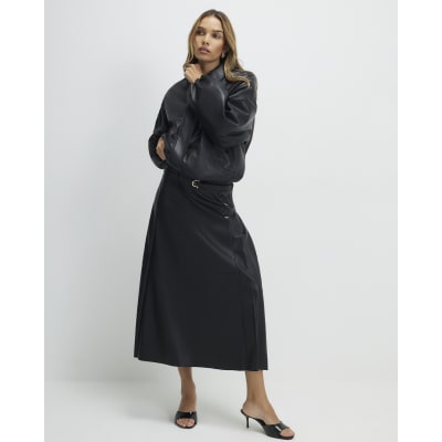 Black Faux Leather Belted Pleated Midi Skirt