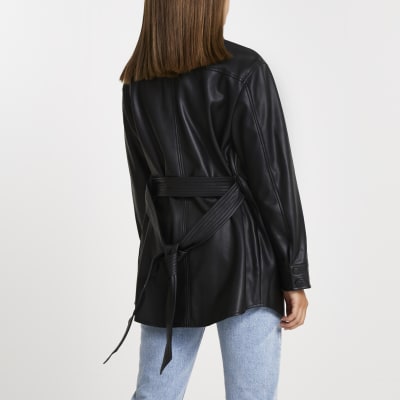 Black faux leather belted shacket