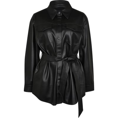 Black faux leather belted shacket