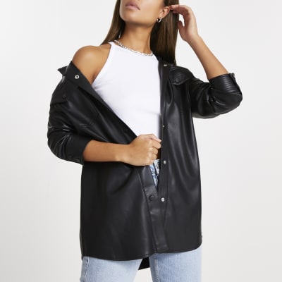 Black faux leather belted shacket