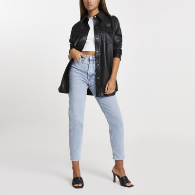 Black faux leather belted shacket