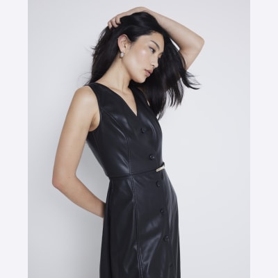 Black faux leather belted shift midi dress River Island