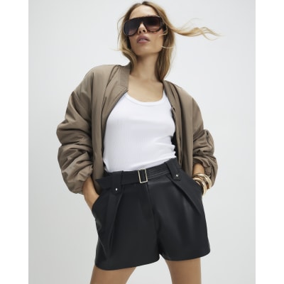 Black Faux Leather Belted Short