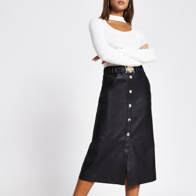 Black Faux Leather Belted Waist Midi Skirt River Island 