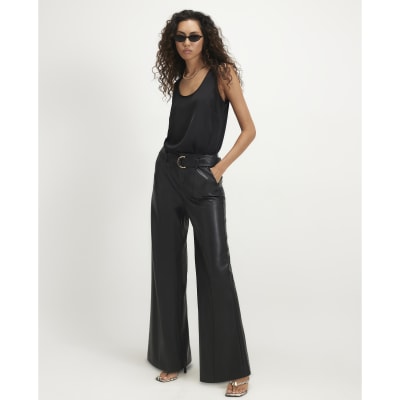 Faux Leather Belted Wide Leg Trousers