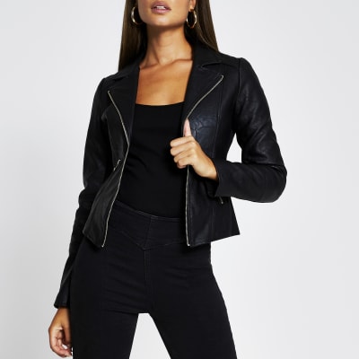 Black Faux Leather Biker Blazer Jacket | River Island