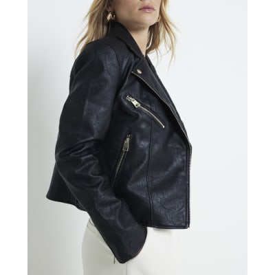 Black faux leather biker jacket | River Island