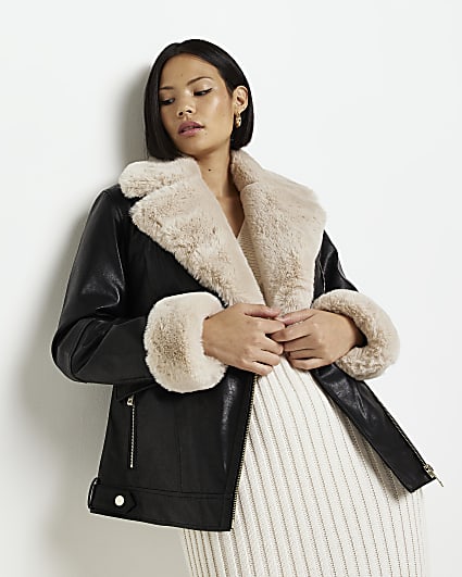 Womens Clothing Coats Fur coats Apparis High-neck Faux-fur Coat in Black 