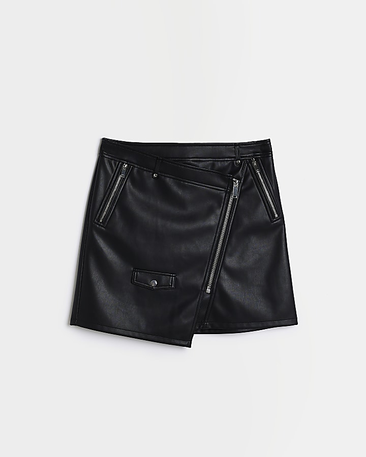 Black faux leather biker wrap mini skirt