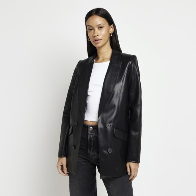 Black faux leather blazer River Island